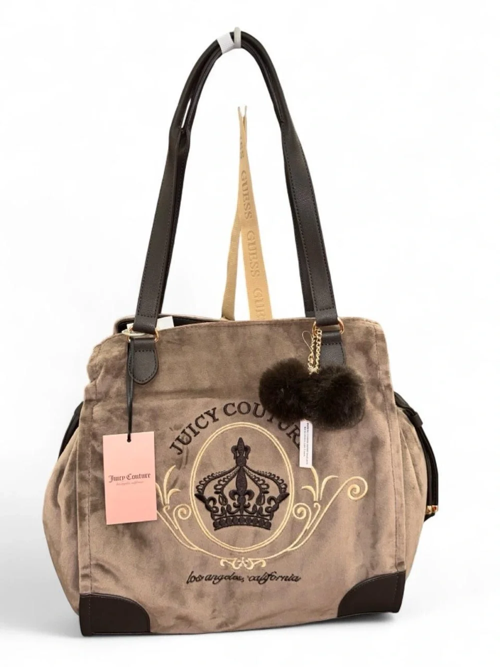 Juicy Couture Taupe and Dark Brown Tote with Pom-Pom Charm